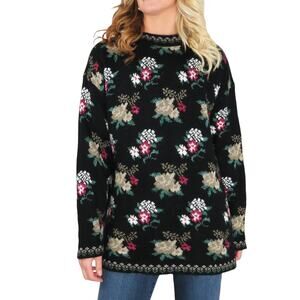 Dana Scott 1980s Vintage Sweater Black Floral Grandmacore Knit Large Retro